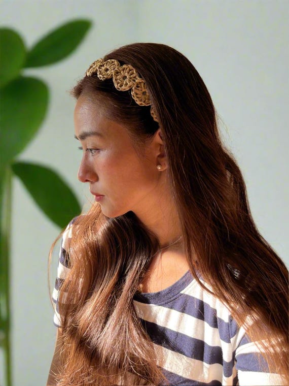 Boho Crochet Raffia Headband for Summer, Unique Chic Straw  display picture 2