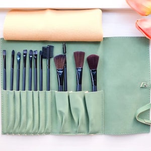 Personalized Makeup Brush Bag Roll up, Green Leather Cosmetic Make up Case 12 Slots Holder, 12 PCS Cosmetic Brushes Set, Custom Name Pouch image 1