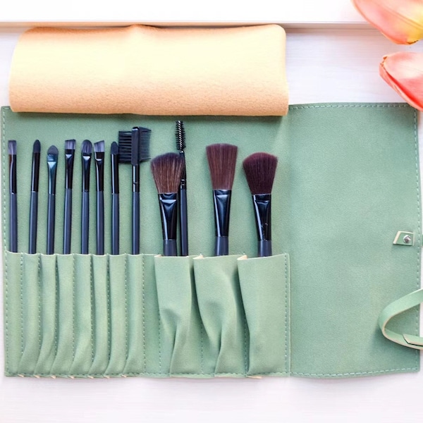 Personalized Makeup Brush Bag Roll up, Green Leather Cosmetic Make up Case 12 Slots Holder, 12 PCS Cosmetic Brushes Set, Custom Name Pouch