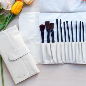 Trousse de maquillage personnalisée enroulable, trousse de maquillage en cuir blanc, 12 emplacements, ensemble de 12 pinceaux de maquillage, pochette personnalisée