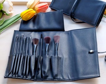 10 PCS Cosmetic Brushes Set, Personalized Makeup Brush Bag Roll up, Birthday Gift Travel Case Leather Roll up Case, Custom Name Pouch