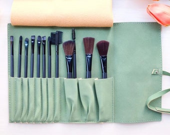 Personalized Makeup Brush Bag Roll up, Green Leather Cosmetic Make up Case 12 Slots Holder, 12 PCS Cosmetic Brushes Set, Custom Name Pouch