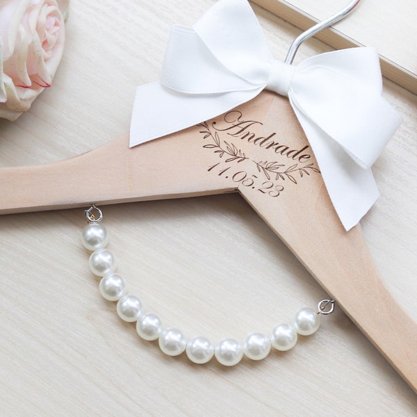 Personalized Wedding Hanger - Bow Wood Bridal Hanger, Engraved Groom Hanger, Wedding Pearl Name Hanger, Wedding Date Bridal Gift