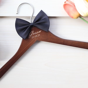 Personalized Groom Wedding Hanger - Brown Wood Hanger with a Bowtie, Engraved Bridesmaid Hanger, Wedding Name Dress Hanger