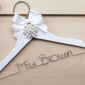 Personalized Pearl Wedding Hanger: Bridal Gift with White Bow