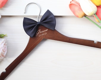 Personalized Groom Wedding Hanger - Brown Wood Hanger with a Bowtie, Engraved Bridesmaid Hanger, Wedding Name Dress Hanger