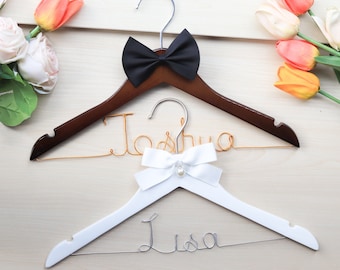 Set of 2 Personalized Wedding Hangers Comes With Bow, Custom Name Wired Wooden Hanger, Bride Bridal Shower Gift Bridesmaid