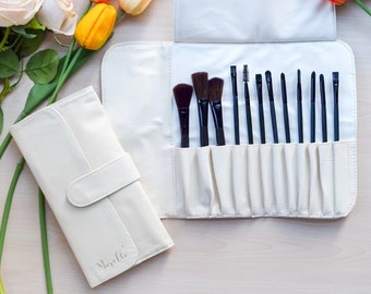 Personalized Makeup Brush Bag Roll up, White Leather Cosmetic Make up Case 12 Slots Holder, 12 PCS Cosmetic Brushes Set, Custom Name Pouch