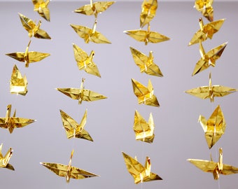 200 Cranes- 10 Strings Strands/ 20 Cranes Each Metallic Origami Crane Backdrop Foil Gold Paper Bird Garlands Mobile