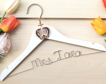 Personalized Wedding Dress Hanger, Bridal Wire Name Wooden Bridesmaid Hanger, Sparkling Crown Wood Hanger, Rustic Bride Wedding Gift