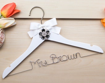 Personalized Rhinestone Wedding Hanger, Bridal Hanger with White Bow, Bride Hanger, Wedding Wire Dress Hanger, Bridesmaid Hanger