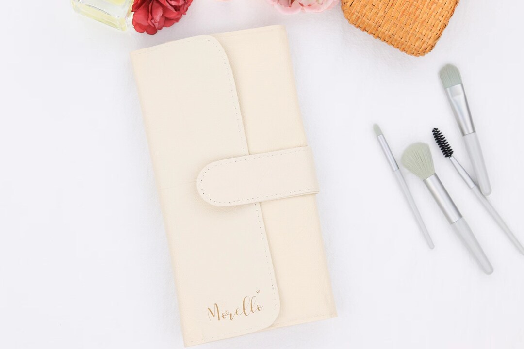 Personalized Makeup Brush Bag Roll Up, White Leather Cosmetic Make up