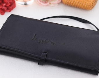 Personalized Makeup Brush Bag Roll up, Birthday Gift Cosmetic Make up Case 10 Slots, Travel Case Leather Roll up Case, Custom Name Pouch