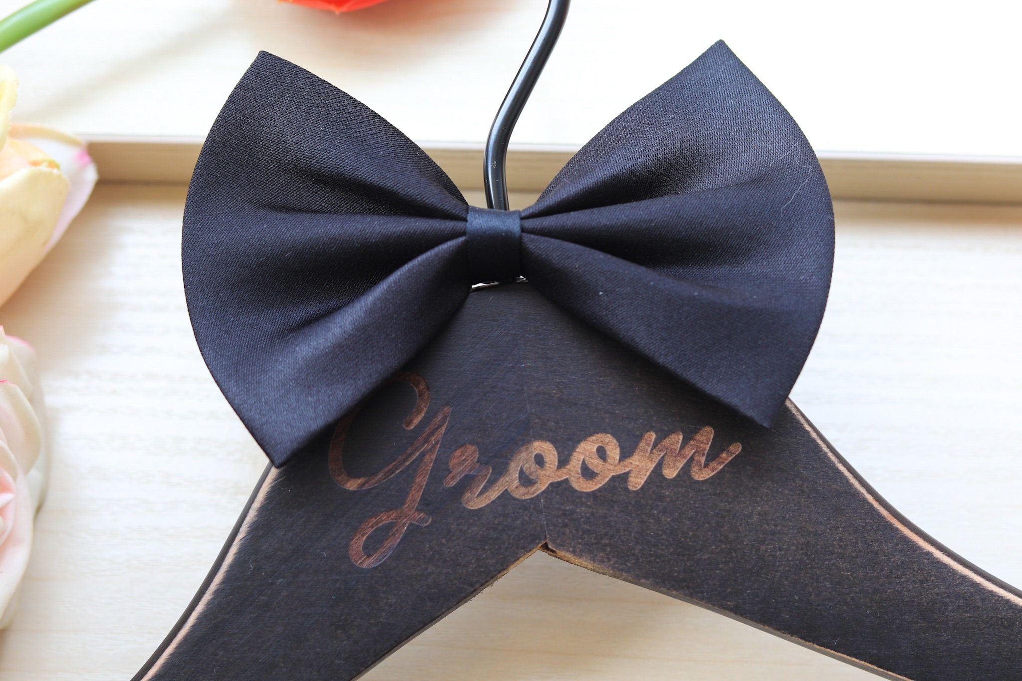 Personalized wedding hanger black hanger with a bowtie engraved groom