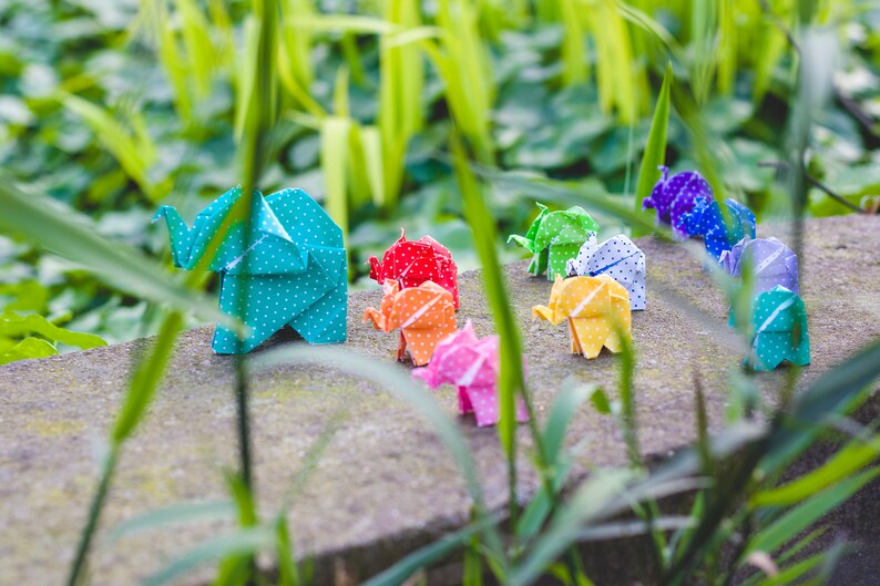 Set of 10 Origami Elephant Handmade Origami Paper Miniature Unique Elephant Gift Rainbow Colors Patterned Elephant Family