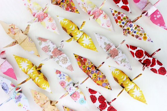 60 Chiyogami Print Blossom Origami Paper Cranes Different Color Floral Patterns Paper Japanese Bird Crane