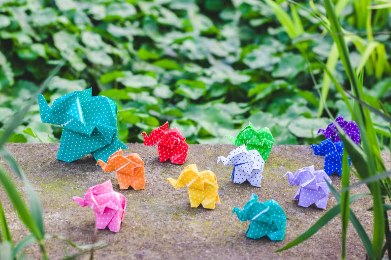 Set of 10 Origami Elephant Handmade Origami Paper Miniature Unique Elephant Gift Rainbow Colors Patterned Elephant Family