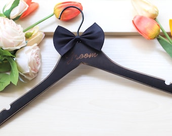 Personalized Wedding Hanger: Engraved Solid Wood Hanger with Bowtie