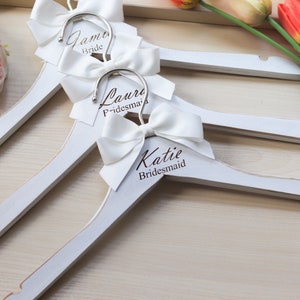 Set of 3 Personalized Wedding Hangers: Engraved Wooden Bridal Hanger with Bow