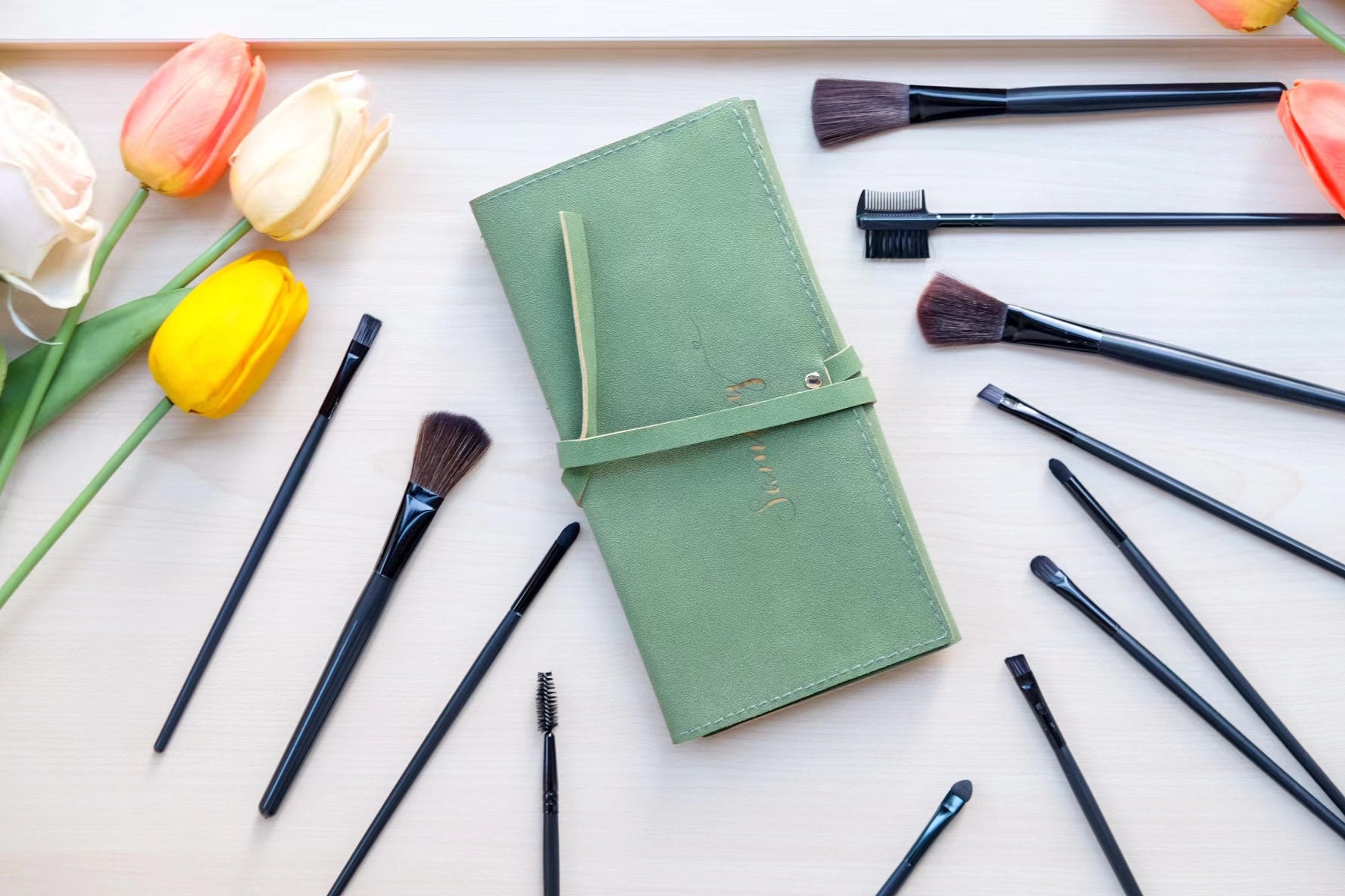 Personalized Makeup Brush Bag Roll Up Green Leather Cosmetic Etsy