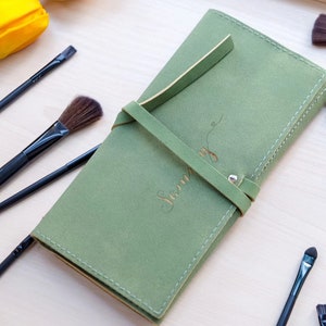 Personalized Makeup Brush Bag Roll up, Green Leather Cosmetic Make up Case 12 Slots Holder, 12 PCS Cosmetic Brushes Set, Custom Name Pouch image 7