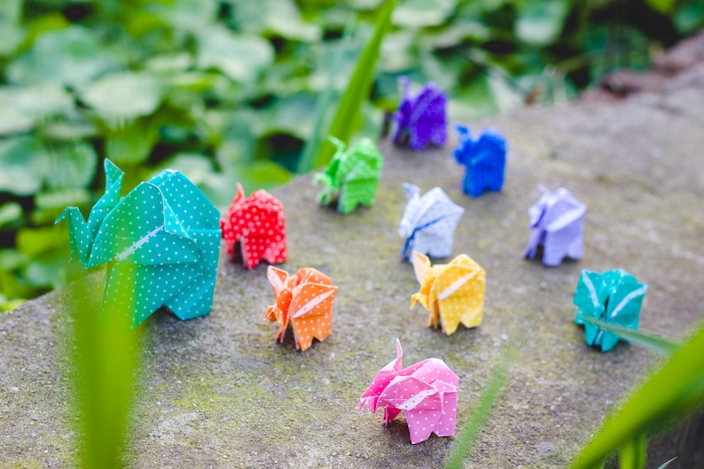 Set of 10 Origami Elephant Handmade Origami Paper Miniature Unique Elephant Gift Rainbow Colors Patterned Elephant Family