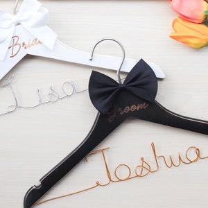 Set of 2 Personalized Wedding Hangers Comes With Bow, Custom Name Wired Wooden Hanger, Bride and Groom Bowtie Couple Hangers