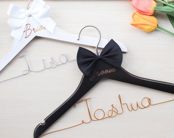 Set of 2 Personalized Wedding Hangers Comes With Bow, Custom Name Wired Wooden Hanger, Bride and Groom Bowtie Couple Hangers