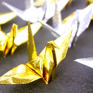 100 origami di carta metallizzata lucida, gru di carta in lamina d'argento e oro, uccelli di carta, gru per decorazioni di nozze, regalo per feste