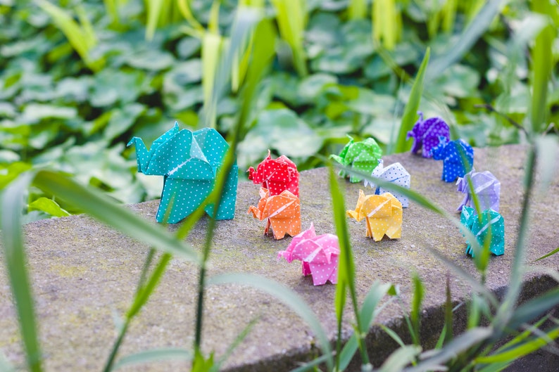 Set of 10 Origami Elephant Handmade Origami Paper Miniature Unique Elephant Gift Rainbow Colors Patterned Elephant Family