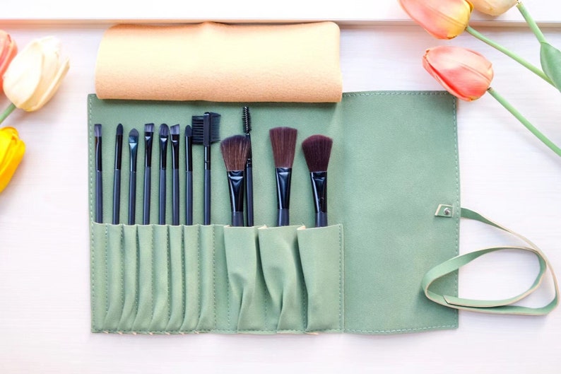 Personalized Makeup Brush Bag Roll up, Green Leather Cosmetic Make up Case 12 Slots Holder, 12 PCS Cosmetic Brushes Set, Custom Name Pouch image 1