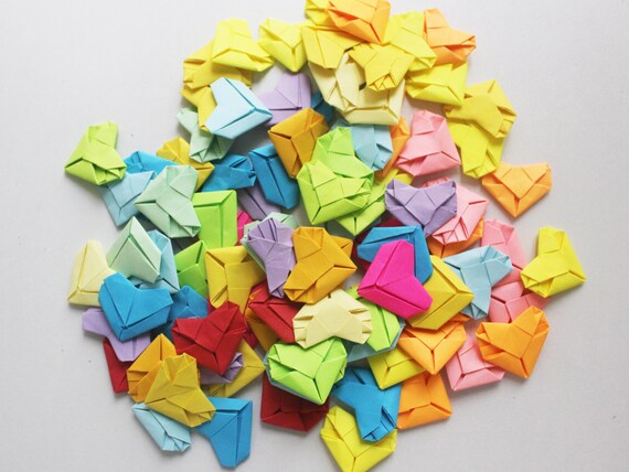 Set Of 100 Origami 3d Paper Hearts Handmade Paper Goods Hand Folded Paper Heart In Rainbow Colors Mixed Color