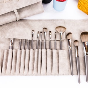 Engraved Makeup Brush Set: 14-Piece Cosmetic Brushes, PU Leather Roll