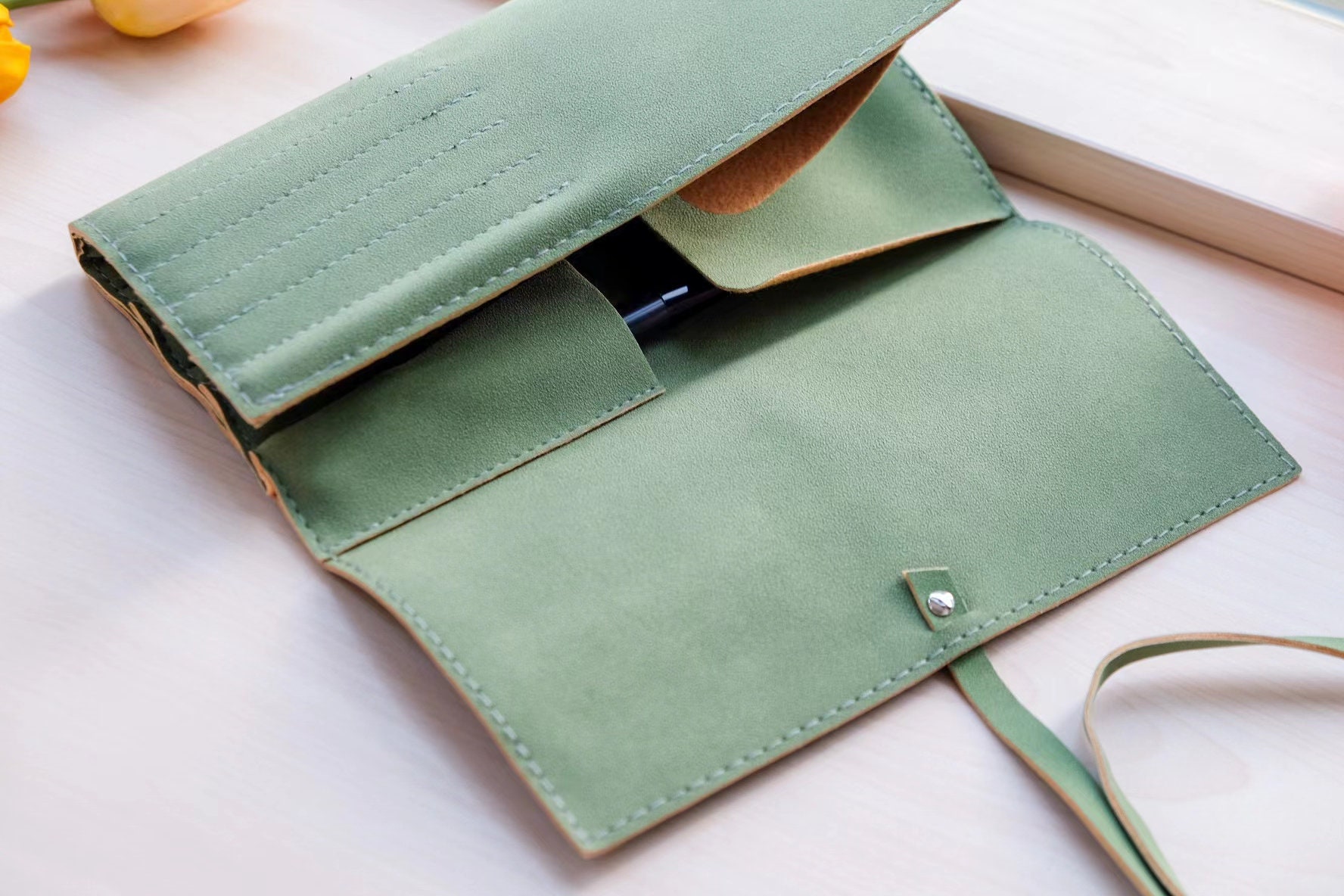 Personalized Makeup Brush Bag Roll Up Green Leather Cosmetic Etsy