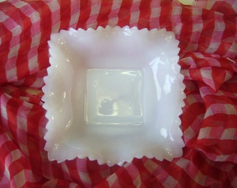 Vintage, White Milk Glass, Diamond Cut, Square Candy Dish with Ruffled Scalloped Edges