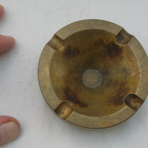 Old Vintage Solid Brass Ashtray, Trench Art Made from Shell Casing (3" or 7.5 cm diameter, 1" or 2.5 cm tall) Condition: tarnished & stained