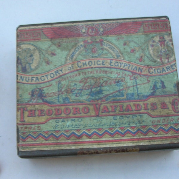 Old Vintage Egyptian Cigarette Tin - Theodoro Vafiadis & Co (9 x 7.5 x 3 cm) Condition: paper labels worn and torn, tin in good shape
