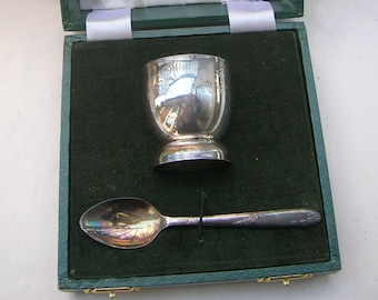 Boxed Set of Angora Eggcup & Spoon in Vintage Silver Plate, Eggcup with Sheep Design (Box; 5 x 5 x 2.25 inches) Box is worn