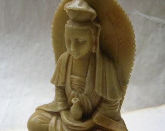 7&quot; Vintage Soapstone Kwan Yin, Guan Yin, with Water Bottle on Stone Base (17.5 cm tall) Condition: some small chips missing