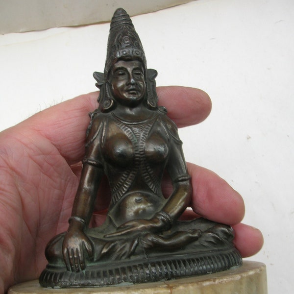 5" Asiatic Goddess, Female Buddha, Metal with Marble Base, Old Vintage or Antique (13 cm tall) Condition: some wear & repair to cracked base