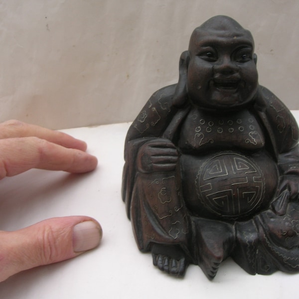 Wooden Laughing Buddha, Hotei, with Silver Wire Inlays, Hand Carved Old Vintage Chinese (10 cm) Condition: some sections of wire missing