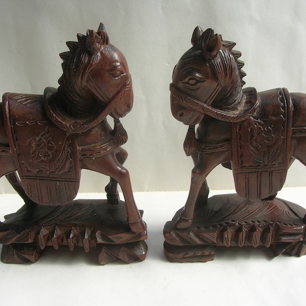 2 x Small Wooden Horses, Fully Caparisoned, Vintage Chinese (12 cm tall) Condition: both have some repairs and some age related splits