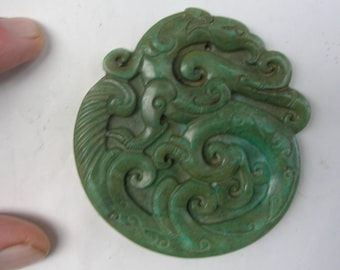 Hand Carved Stone Pendant, Amulet with Two Phoenixes, Vintage Chinese