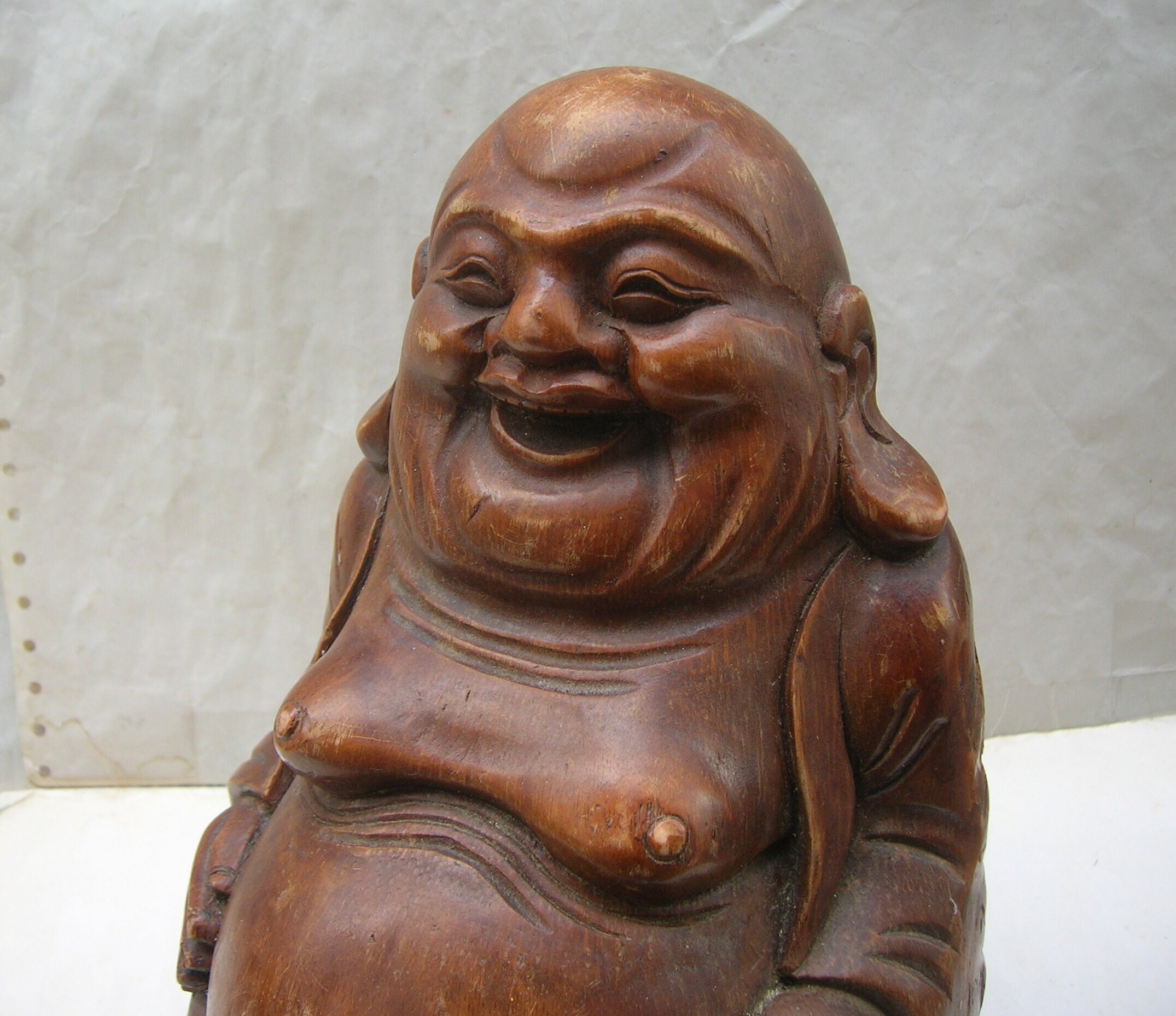 Vintage Laughing Buddha, Hotei, With Bag, Hand Carved Bamboo Root