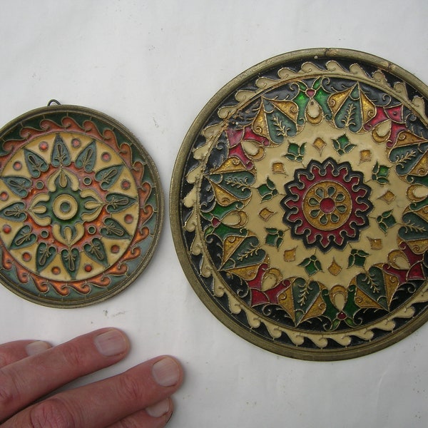 2 x Brass & Enamel Plaques or Dishes, Vintage Greek (3.5" and 5.5" or 9 and 14 cm diameter)