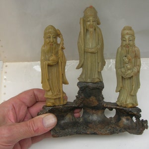 The Chinese Star Gods Sanxing Shou, Fu and Lu Three Soapstone Carvings on Base, Old Vintage Chinese 18 cm Condition: chips & repairs image 2