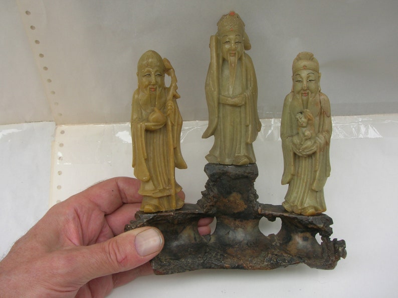 The Chinese Star Gods Sanxing Shou, Fu and Lu Three Soapstone Carvings on Base, Old Vintage Chinese 18 cm Condition: chips & repairs image 2