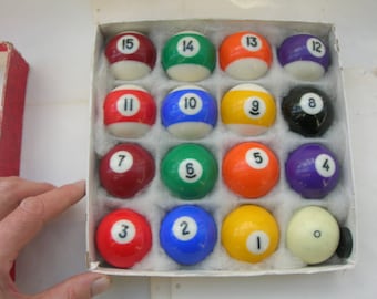 Vintage Set of 16 Billiard or Pool Balls (1 and 7/8 inch diameter) by Ambassador