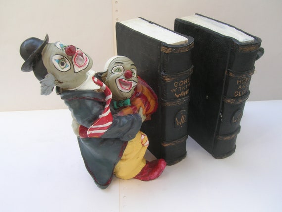 Vintage Clown Bookends by Peter Mook, Rare Hand-painted Resin