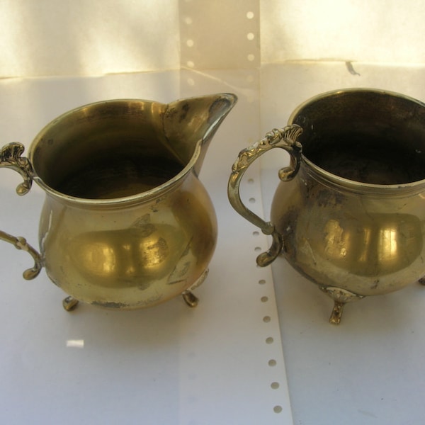 Vintage Brass Jug & Sugar Bowl with Ornate Handles and Legs, Indoor Planters (both 11 cm tall)